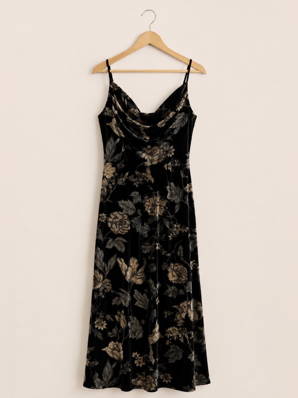 Sage Black Midi Dress with Gray Floral Velvet
